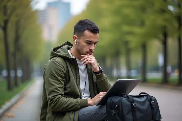 Jeune professionnel suivant une formation en ligne sur tablette dans un parc urbain, développant ses compétences en extérieur