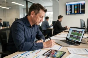 Journaliste sportif travaillant dans une salle de rédaction moderne entourée d'informations sportives sur écrans et documents imprimés