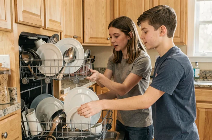 Deux jeunes qui remplissent un lave-vaisselle pour utiliser l'eau de façon responsable dans la cuisine familiale