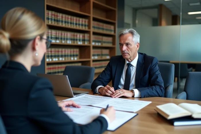 Deux conseillers juridiques examinant les dispositions légales sur la vente forcée en cas de blocage entre ex-conjoints