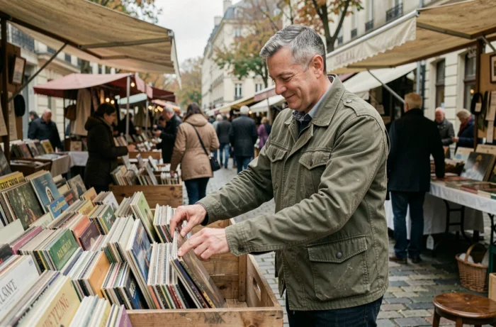Homme chinant des vinyles à un marché aux puces en France, loisir populaire de brocante et de collection