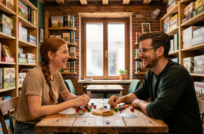 Deux amis jouant à des jeux de société dans un café ludique en France, loisir convivial et populaire