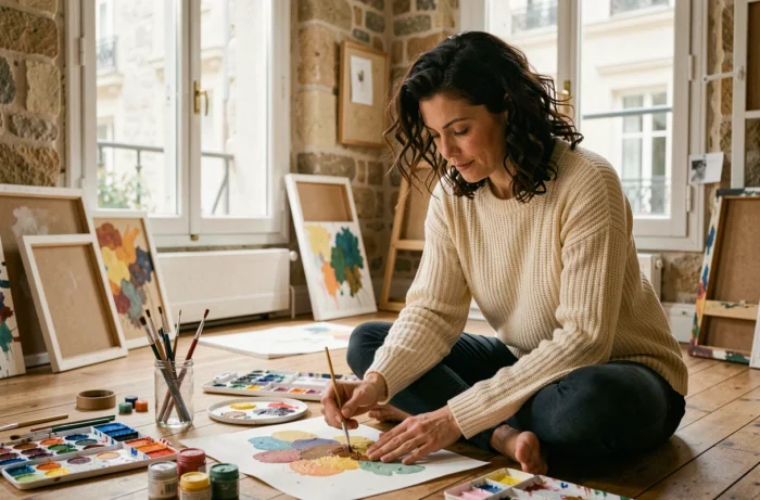 Femme pratiquant l'aquarelle comme loisir créatif dans un appartement parisien au décor authentique