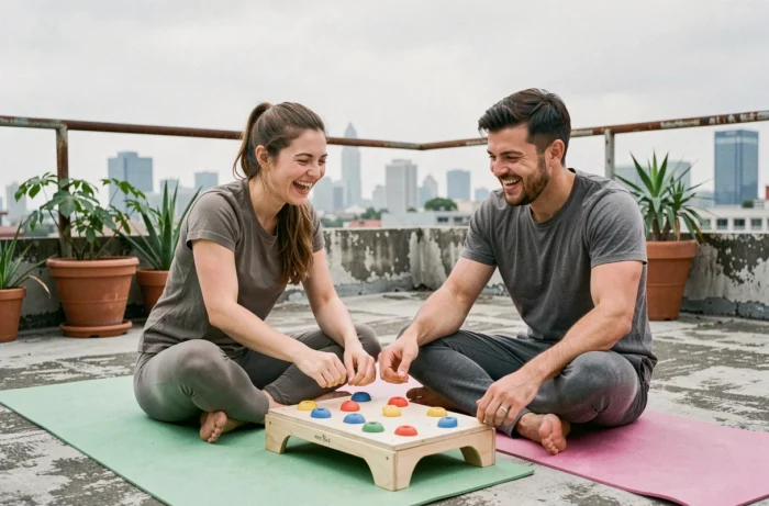 Deux amis pratiquant un loisir ludique sur un rooftop urbain entouré de plantes et de vue sur la ville