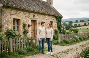 Couple devant une maison de campagne avec jardin à louer pour 600 euros en zone rurale française