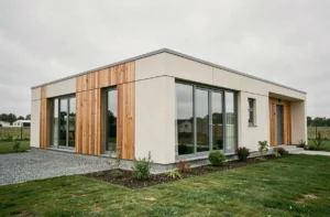 Maison modulaire moderne à ossature bois avec grandes baies vitrées sur terrain paysagé