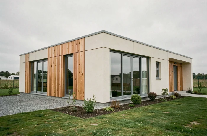 Maison modulaire moderne à ossature bois avec grandes baies vitrées sur terrain paysagé