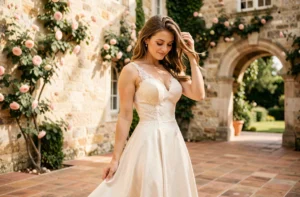 Mariée élégante en robe de soie ivoire dans une cour de château français ornée de roses grimpantes