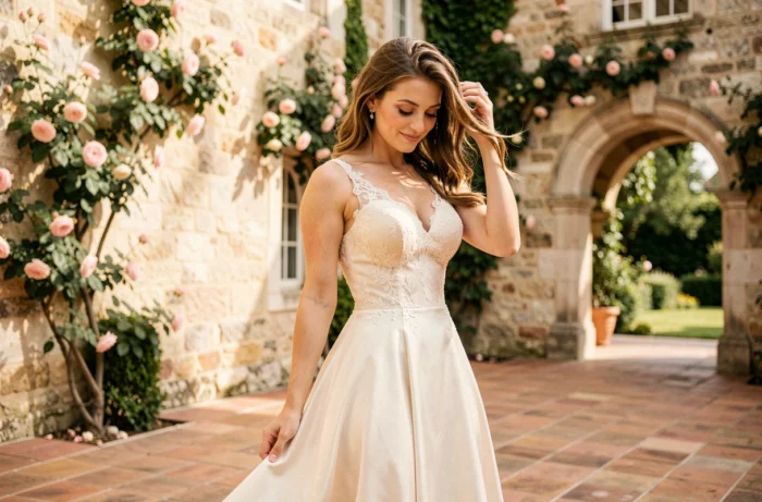 Mariée élégante en robe de soie ivoire dans une cour de château français ornée de roses grimpantes