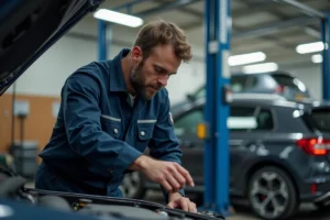 Mécanicien belge inspectant le moteur d'une voiture dans un garage automobile professionnel à Bruxelles