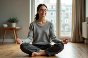 Femme en méditation assise sur un plancher en bois dans un salon minimaliste pour retrouver la tranquillité mentale