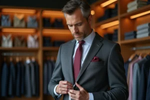 Homme en costume mesurant la longueur de sa cravate avec un mètre ruban dans une boutique de mode masculine