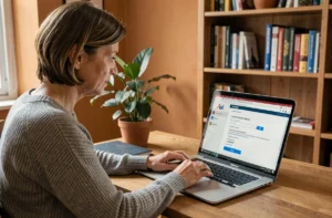 Femme modifiant les paramètres de langue d'AOL Mail en français sur un ordinateur portable dans un bureau à domicile