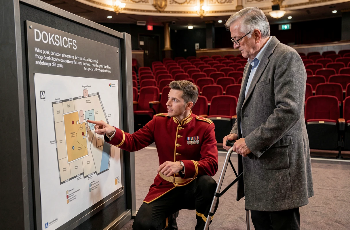 Ouvreuse de cinéma aidant un visiteur à mobilité réduite à comprendre le plan des emplacements accessibles