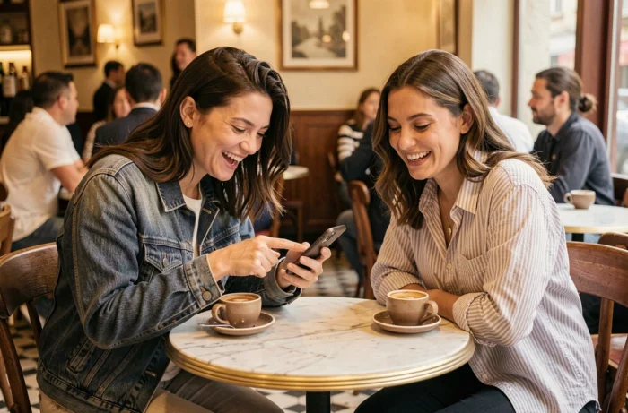 Deux femmes amusées partageant des blagues Choualbox sur un smartphone dans un café parisien