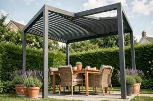Pergola aluminium 4x3 anthracite installée dans un jardin verdoyant avec salon de jardin en teck et chaises en rotin