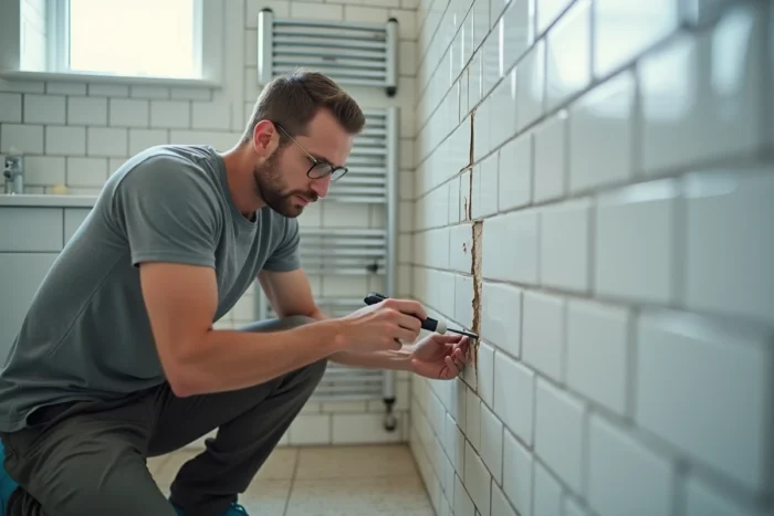 Bricoleur effectuant une petite réparation de carrelage avant une mise en vente immobilière