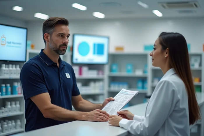 Pharmacien conseillant un client avec un document de services professionnels Optisanté dans une pharmacie moderne