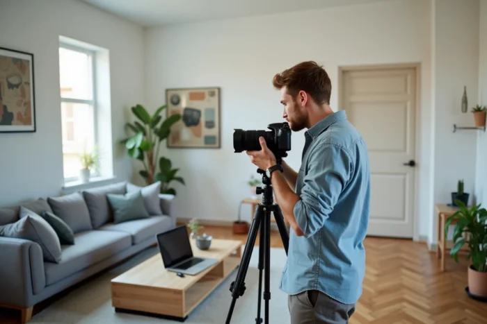 Photographe immobilier professionnel réalisant des photos de qualité pour une annonce en ligne