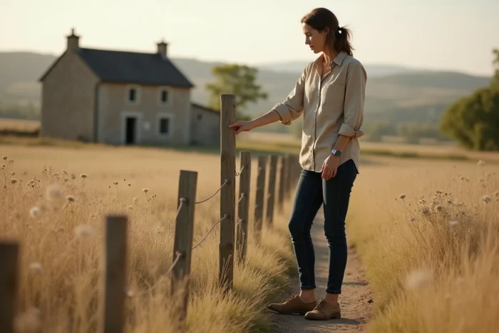 Femme posant des piquets en bois pour marquer les limites de son terrain sans installer de clôture en campagne