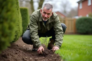 Homme plantant une haie végétale pour délimiter son terrain sans clôture dans un jardin suburban au printemps