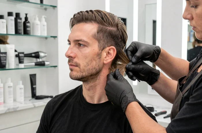 Pose d'extensions de cheveux pour homme dans un salon professionnel haut de gamme, gros plan sur le processus d'application