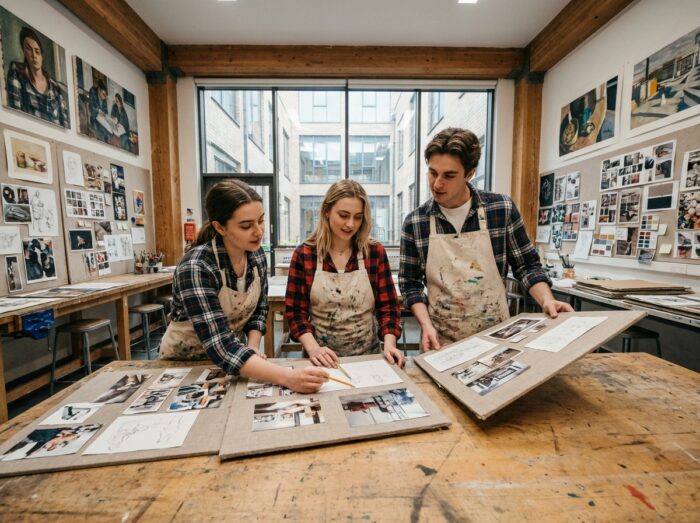 Groupe d'étudiants en prépa artistique analysant des portfolios lors d'une critique collective en atelier