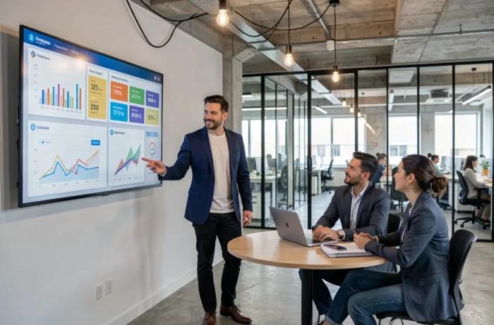Professionnel du marketing digital présentant des statistiques de créateurs de contenu à une équipe en espace de coworking