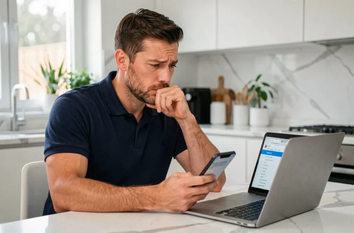 Homme consultant son smartphone avec un message d'erreur lors d'une tentative de connexion à un service en ligne