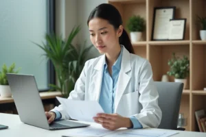 Professionnelle de santé examinant des documents médicaux dans un cabinet organisé, accompagnée par les services Optisanté