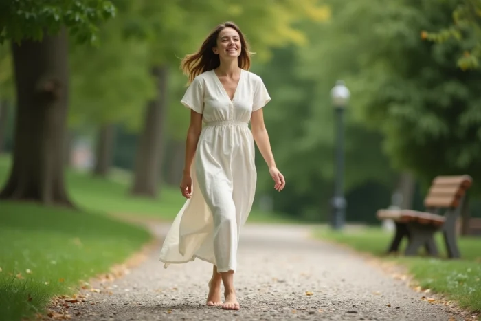 Jeune femme se promenant pieds nus dans un parc verdoyant avec une expression sereine pour illustrer la paix intérieure et la tranquillité