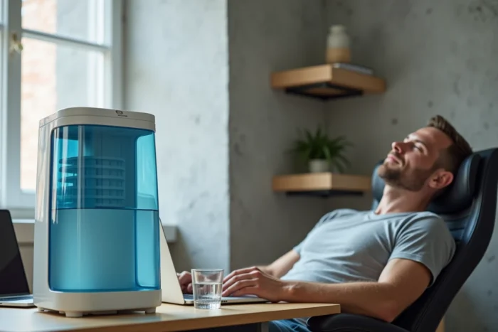 Rafraîchisseur d'air portable OneConcept Carribean Blue sur un bureau de home office avec un homme travaillant confortablement