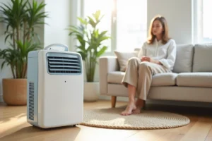Rafraîchisseur d'air OneConcept Carribean Blue posé dans un salon scandinave moderne avec une femme se reposant sur un canapé en lin