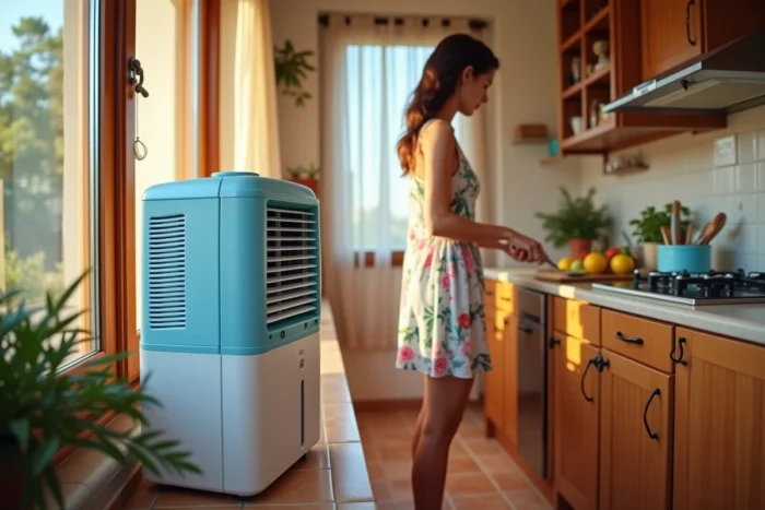 Rafraîchisseur d'air OneConcept Carribean Blue dans une cuisine méditerranéenne avec une femme profitant de l'air frais en été