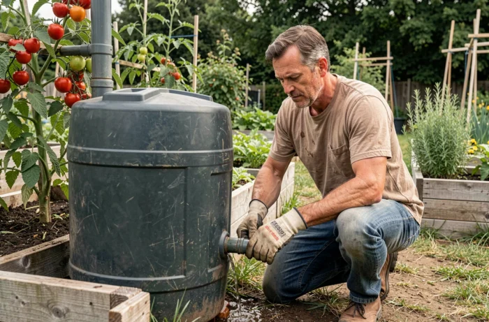 Homme récupérant l'eau de pluie dans un tonneau pour arroser son potager et préserver les ressources en eau