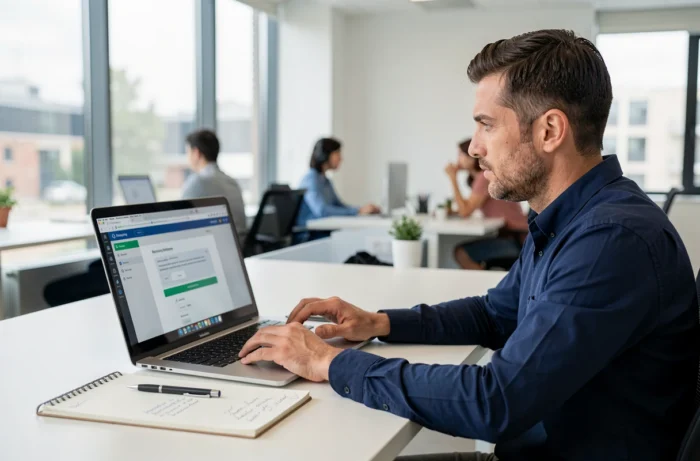 Homme en train de récupérer l'adresse mail liée à un compte Instagram depuis un ordinateur portable au bureau