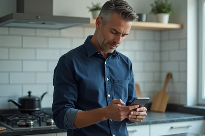 Homme vérifiant ses relevés bancaires Crédit Agricole sur l'application mobile de sa banque dans sa cuisine