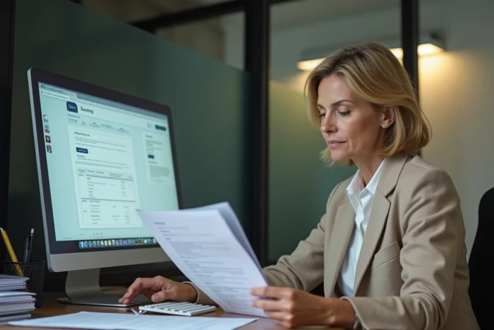 Femme d'affaires consultant ses relevés de compte en ligne et imprimés depuis un ordinateur de bureau en milieu professionnel