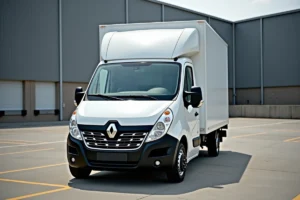 Renault Master L2H2 blanc garé de face dans un entrepôt logistique urbain, vue trois quarts basse mettant en valeur la hauteur et la longueur du véhicule utilitaire