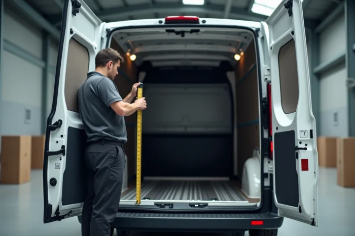 Technicien mesurant la hauteur intérieure de la soute d'un Renault Master L2H2 avec un mètre ruban dans un entrepôt