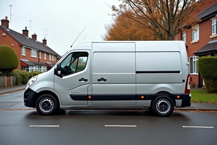 Vue de profil du Renault Master L2H2 en milieu suburbain comparant visuellement sa hauteur avec une façade de bâtiment résidentiel
