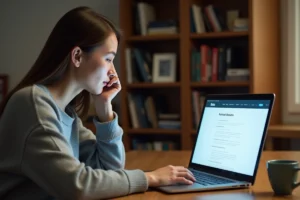 Jeune femme consultant les résultats de son permis de conduire sur un ordinateur portable à son bureau