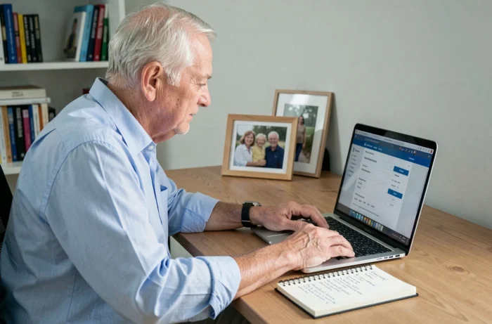 Retraité effectuant des démarches en ligne sur le portail des pensions face à la baisse des retraites en 2026