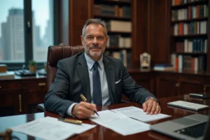 Portrait d'un homme d'affaires prospère assis à son bureau dans un bureau corporatif luxueux, illustrant la fortune et le parcours professionnel de Roger Erhart