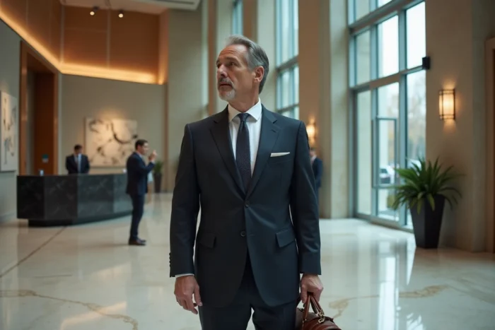Homme d'affaires élégant dans le hall d'un immeuble financier moderne, symbolisant l'origine et la carrière de Roger Erhart