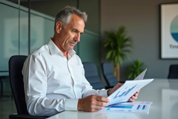 Professionnel analysant des données financières dans une salle de réunion moderne, évoquant le salaire et la richesse accumulée de Roger Erhart