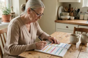 Femme senior écrivant son planning hebdomadaire sur un grand agenda illustré à la table de cuisine