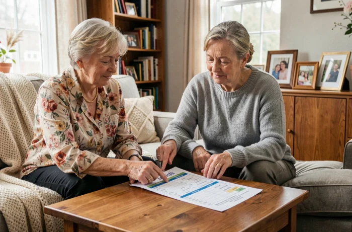 Deux femmes seniors consultant ensemble un planning hebdomadaire imprimé dans un salon familial