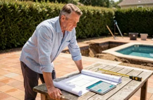 Homme consultant un simulateur de calcul d'emprise au sol de piscine sur tablette avec des plans architecturaux sur une table extérieure en bois