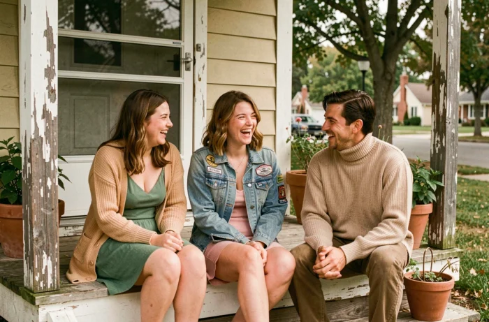 Groupe d'amis en tenues tendance de 1994 — robes chemises, cardigans et veste en jean — assis sur les marches d'un porche de maison de banlieue américaine